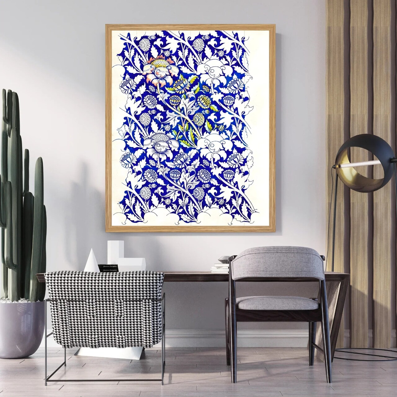 Large Framed Corporate Office Decor Wall Art Canvas 40x60 Inch - William Morris - Blue Pattern White